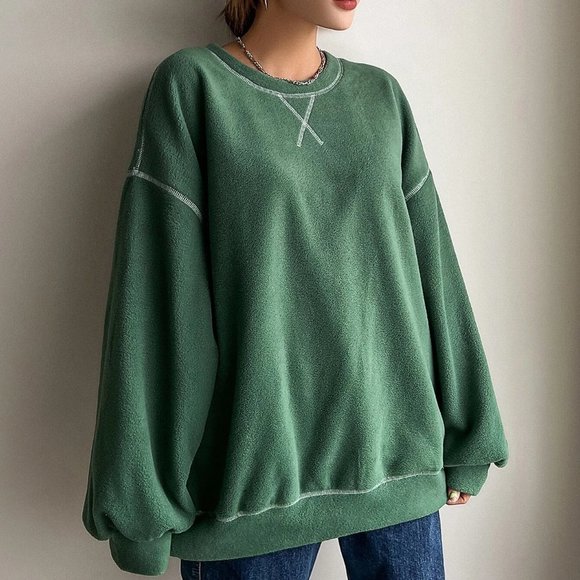 Green Casual Womens Slogan Graphic Drop Shoulder Fleece Oversized Sweatshirt - Picture 4 of 5